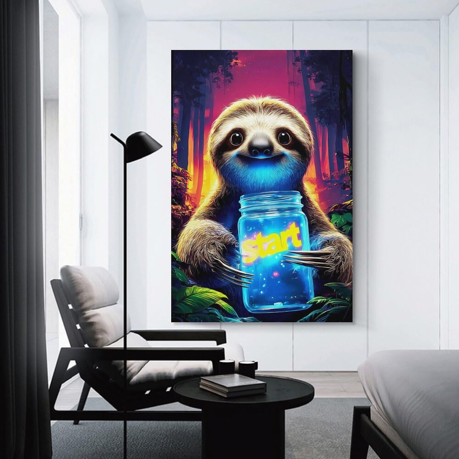 Junmoney Home Decor Wall Art Sloth Holding 'Start' Jar in Forest, 24x36inch(60x90cm), for New Homes, Bedrooms Or Workspaces, Home Decor Gift with Stylish Appeal