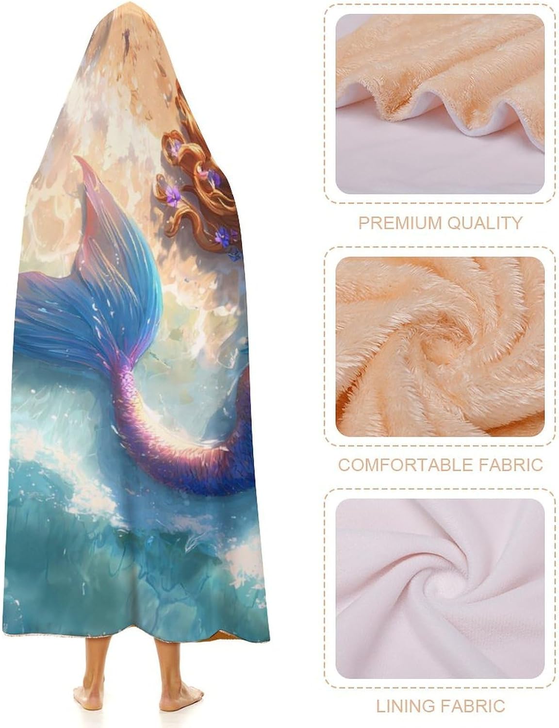 Mermaid Laying Beach Waves Wearable Blanket Hoodie | Flannel Fuzzy Machine Washable Home Camping Lounging