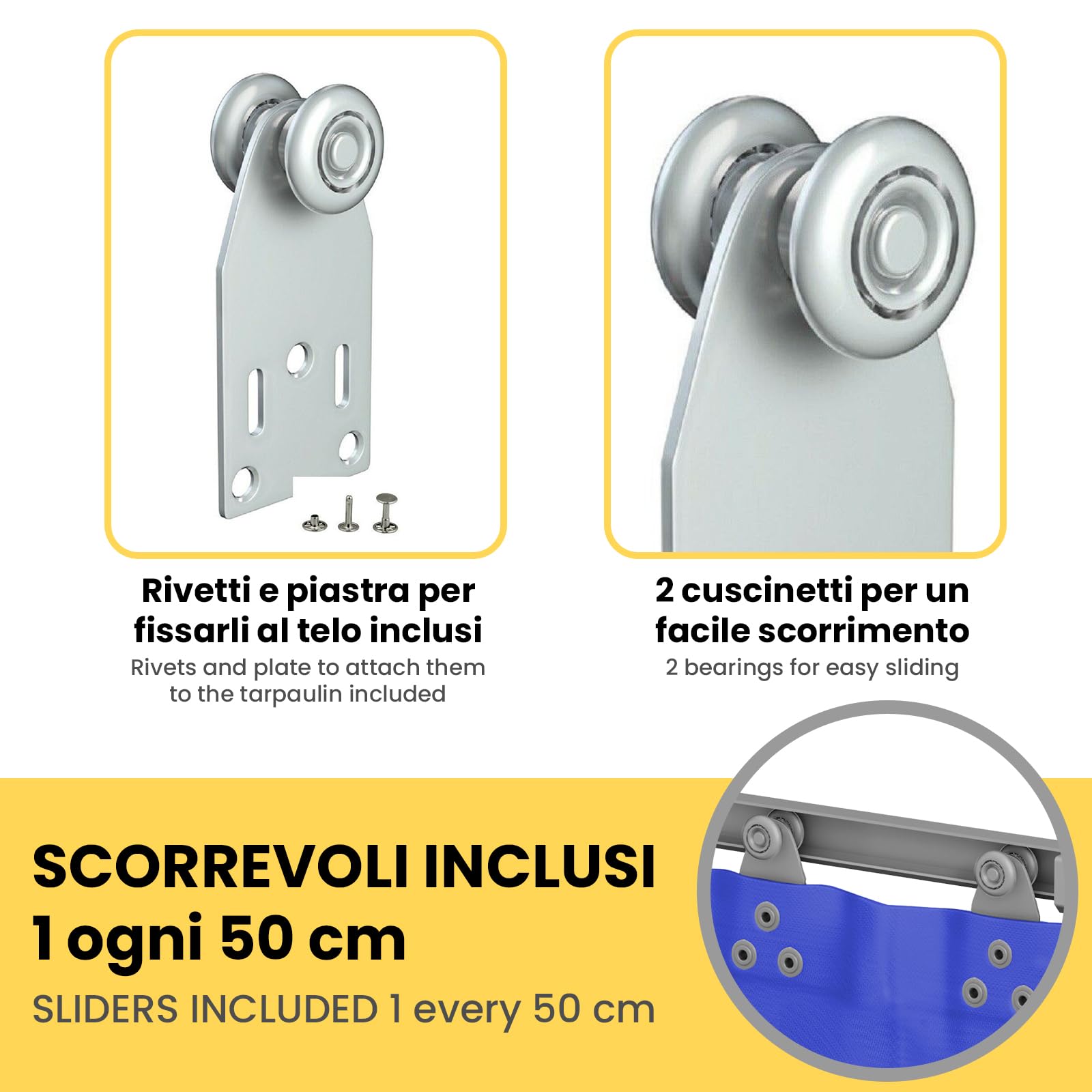 Binario Scorrevole Monorotaia in Ferro Zincato per Teloni, 3 x 2,95 cm Completo Scorrevoli, Personalizzabile, Sistema di Scorrimento con Binario Guida per Telo Scorrevole per Pergola (L. 200CM)