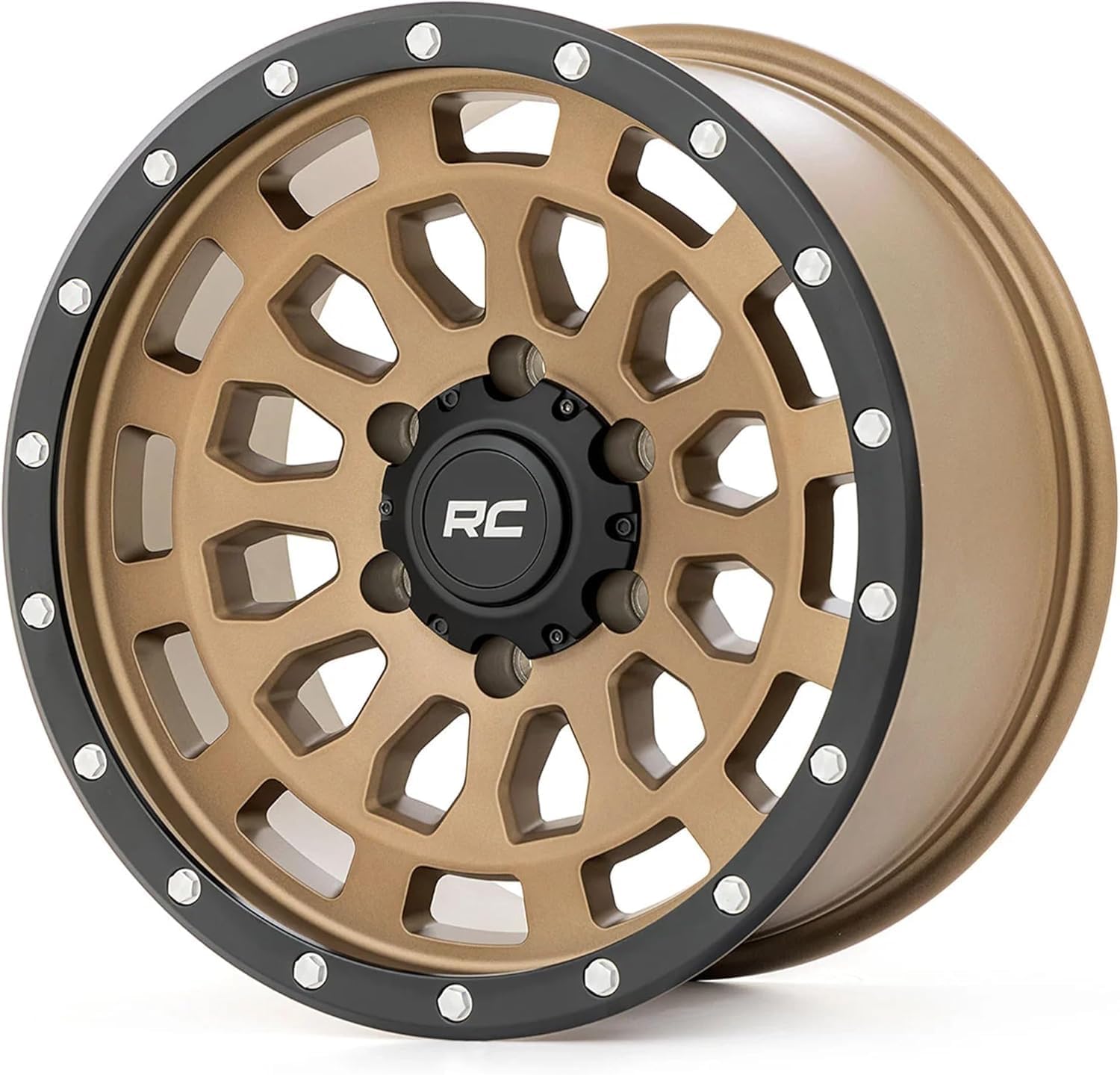 Rough Country 87 Series 17x8.5 Bronze Aluminum Wheel with Black Ring & Simulated Beadlock - 5x4.5 Bolt Pattern, +0mm Offset, Durable One-Piece Rim for Trucks & Jeeps