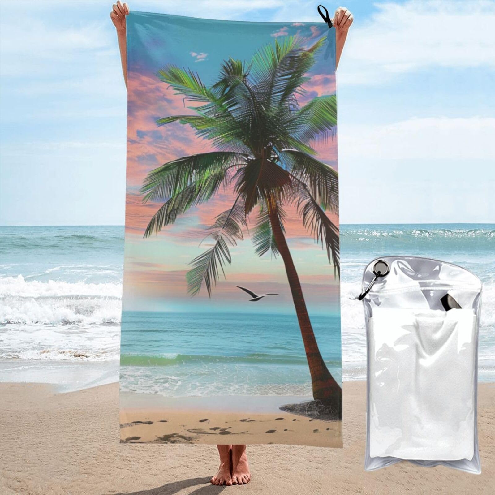 kkvhhyuo Microfiber Beach Towel, Coconut Palm Tree Sandy Beach Printed Lightweight Quick Dry Travel Bath Sheet with Compact Carry Bag for Swimming Yoga Camping Gym,27.5"x55"