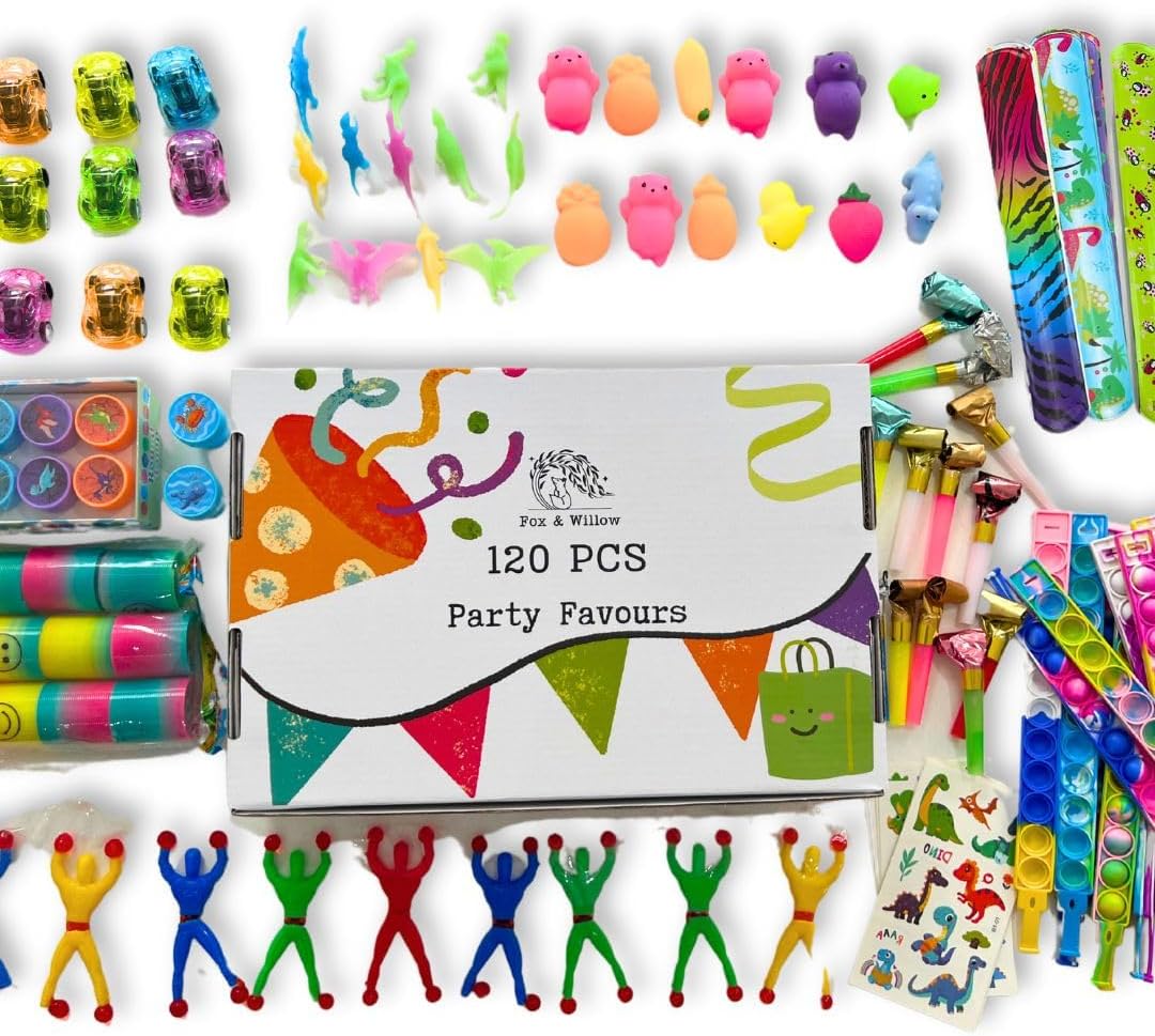 Fox & Willow 120 Pcs Party Favour Box, Treasure Box Prizes, Toys, Goodie Bags Fillers, Party Bag Fillers, Small Fidget Toys for Stocking Pinatas, Stocking Fillers for Kids. 12 x 10 Different Items