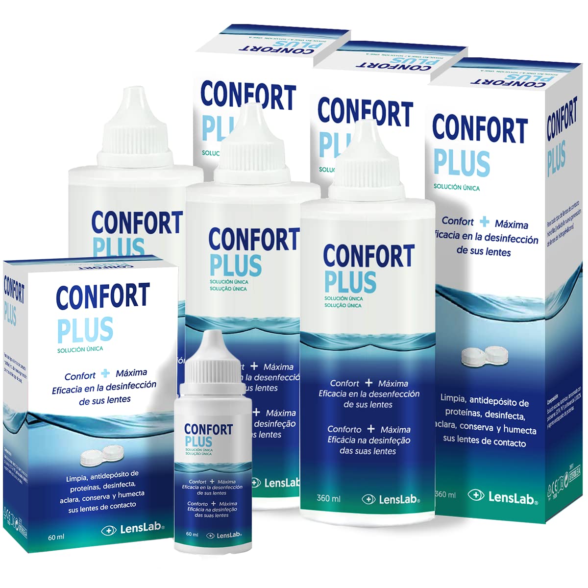 Confort Plus - Solución Única para Lentes de Contacto blandas (360ml x 3 + Kit Viaje 60ml). Líquido para Hidratación, Limpieza y Desinfección de Lentillas.