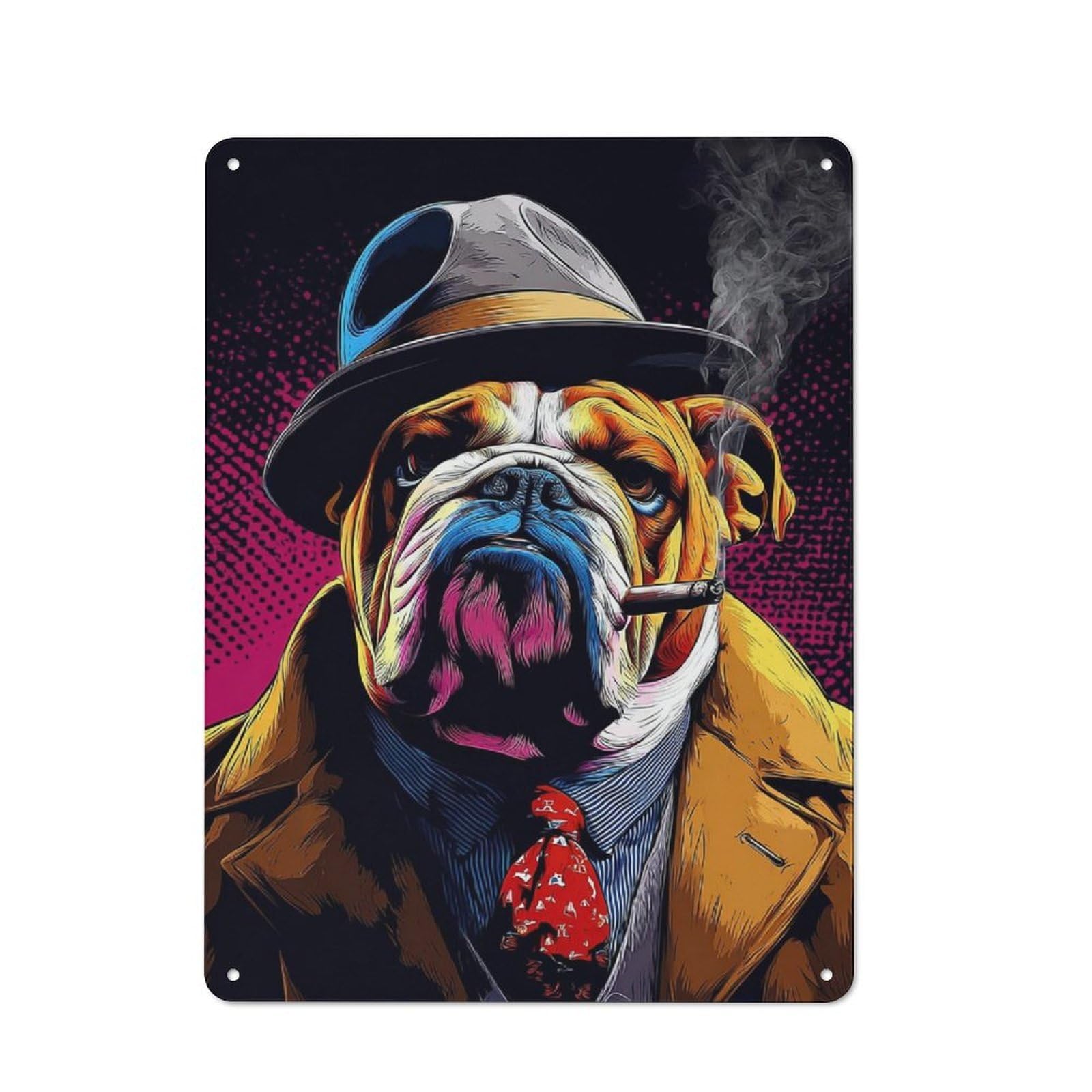 Junmoney Stylish Bulldog In Fedora And Suit -2 Metal Wall Plaque With Design 40X30cm, Retro Small Space Decor For Flat, Dorm Room, Lounge Or Cafe