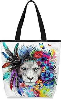Sacolas de lona com zíper e bolso interno, bolsa de ombro feminina casual bolsa de mão flor de leão colorida, bolsas de compras reutilizáveis de cozinha, bolsas de lona para uso para livros, sacolas de compras, sacolas de presente, Multicor