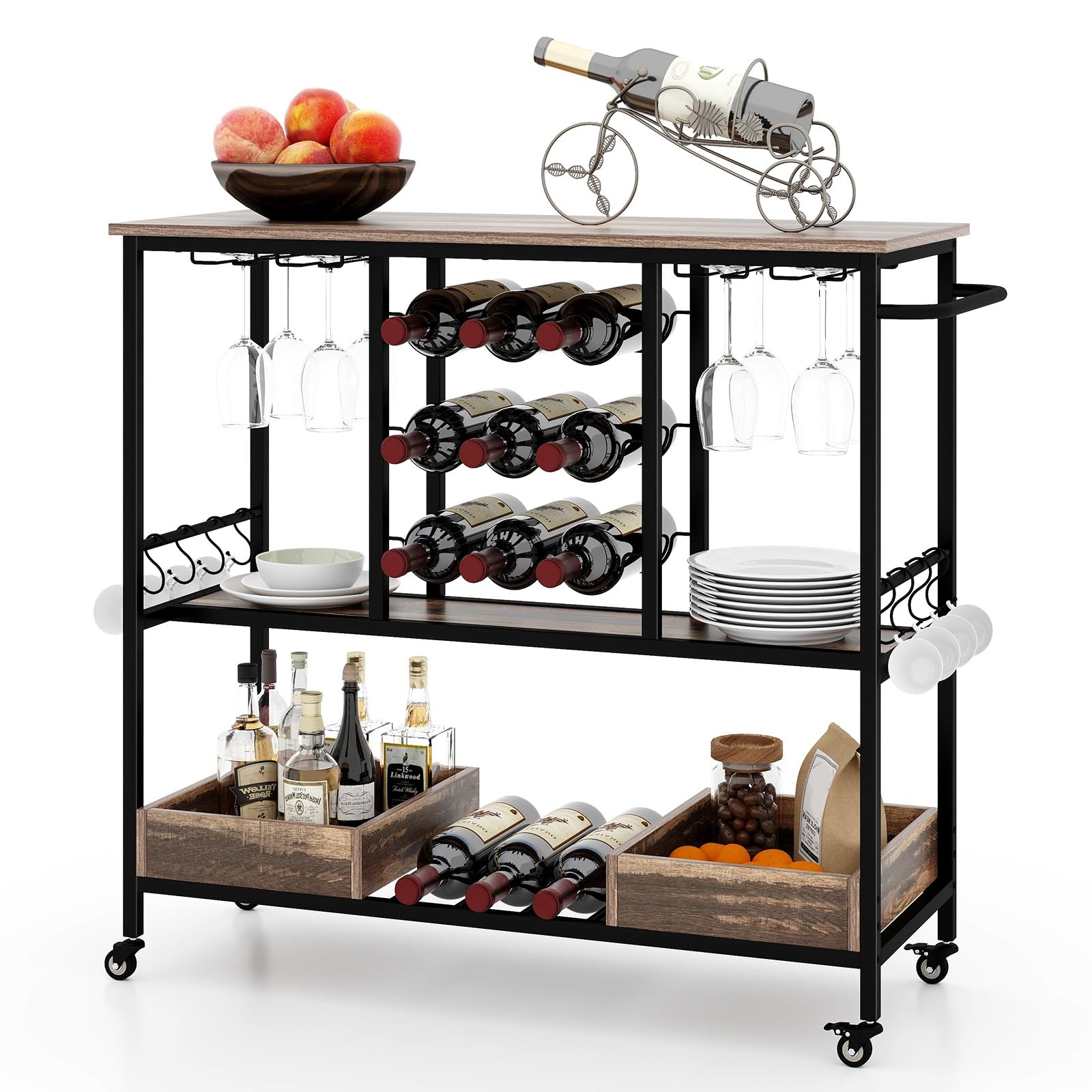 GIANTEX Carrello di Servizio Industriale a 3 Livelli, Carrello da Cucina con Portabicchieri, Porta Bottiglie, 107,5x40x91,5 cm