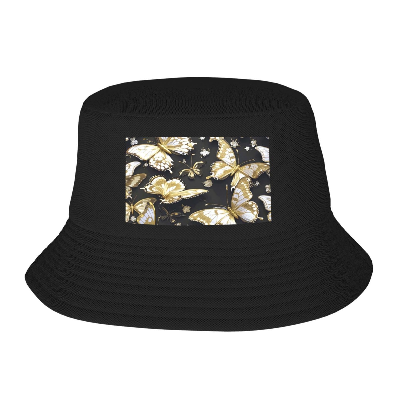 Bucket Hat for Women Men Cotton Sun Hats Gold White Butterflies Black Hat Beach Fisherman Hat Summer for Protection
