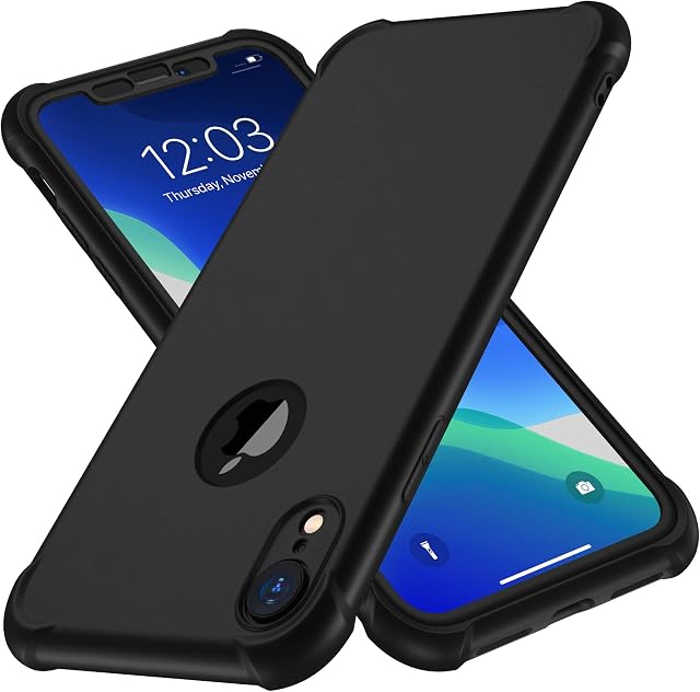 ORETECH Compatible With iPhone XR Case, with[2 x Tempered Glass Screen Protector]360 Shockproof iPhone Xr Protective Ultra Thin Anti Scratch Hard PC Silicone TPU Bumper Case for iPhone xr 2018 -Black