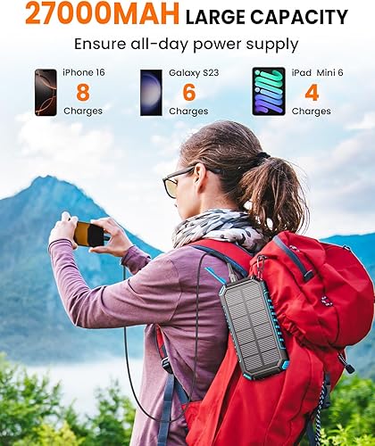 Miniatura 2 de Riapow Cargador solar - Cargador portátil inalámbrico de 27000 mAh, 2 cables integrados, batería de carga rápida de 22.5 W con USB C, paquete de