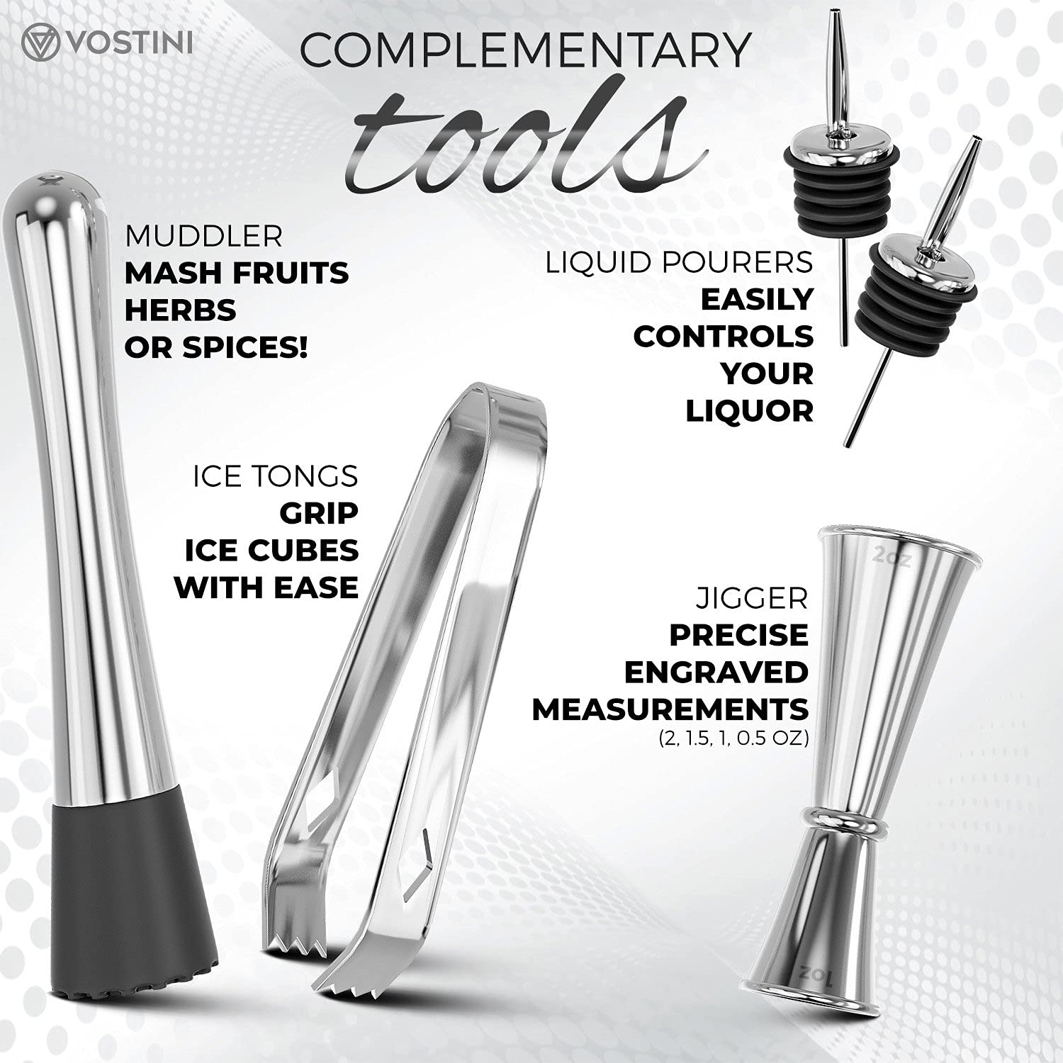 12Piece Silver Cocktail Shaker Set with Bamboo Stand, Weighted 18