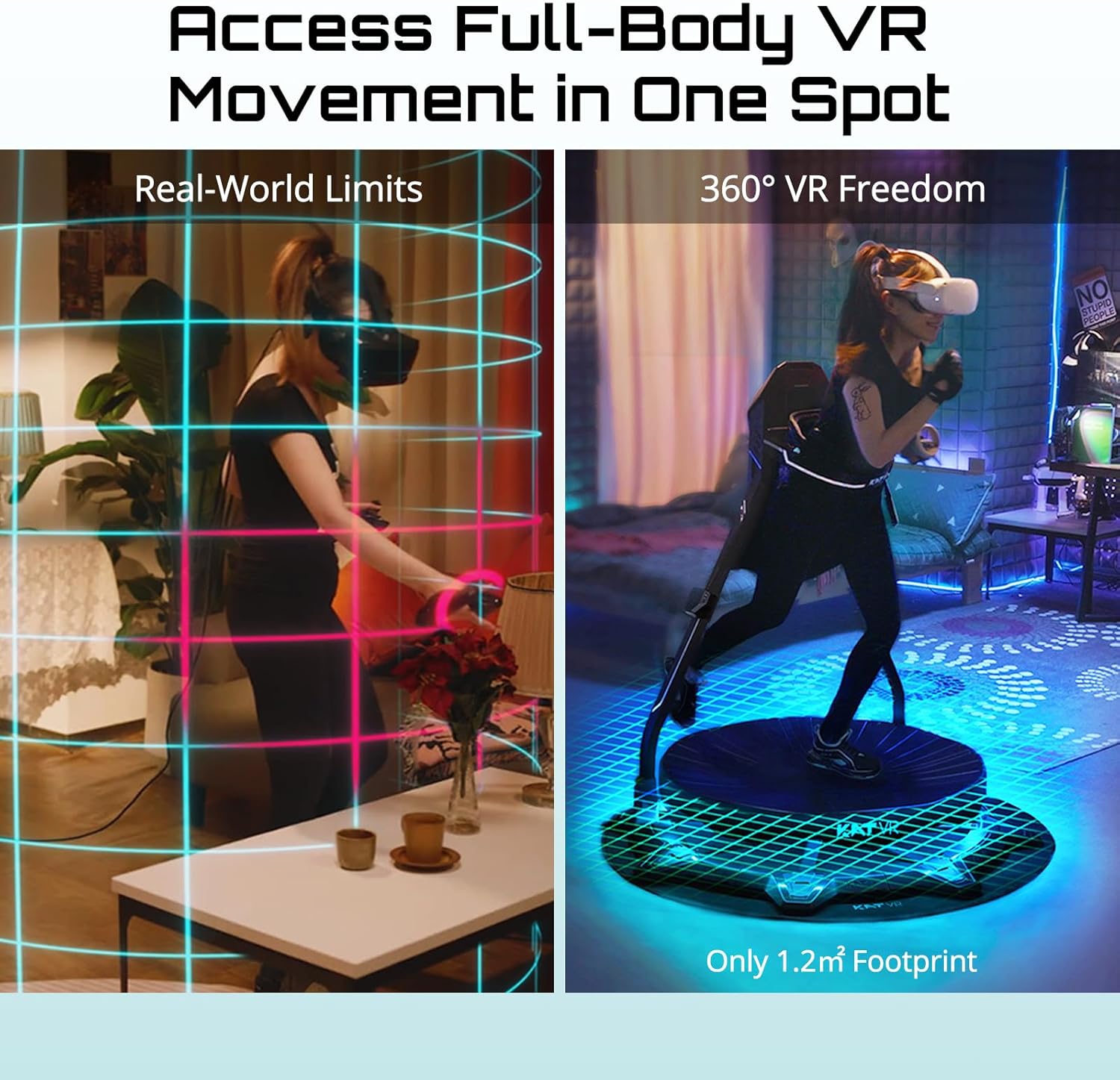 User wearing VR headset and safety harness on KAT Walk C2 PLUS