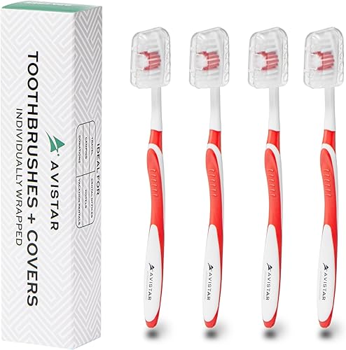 Miniatura 1 de Paquete de 4 cepillos de dientes para adultos  Cepillos de dientes de cerdas medianas envueltos individualmente con fundas  Rojo  Cuidado dental