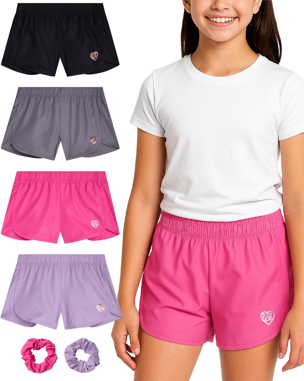 Body Glove Girls Athletic Shorts - 4 Pack Active Performance Fleece Running Short - Girls Gym Workout Dolphin Shorts