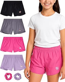 Body Glove Girls Active Shorts - 4 Pack Dolphin Girls Athletic Shorts for Sports Running Gym with Scrunchie Kids Shorts