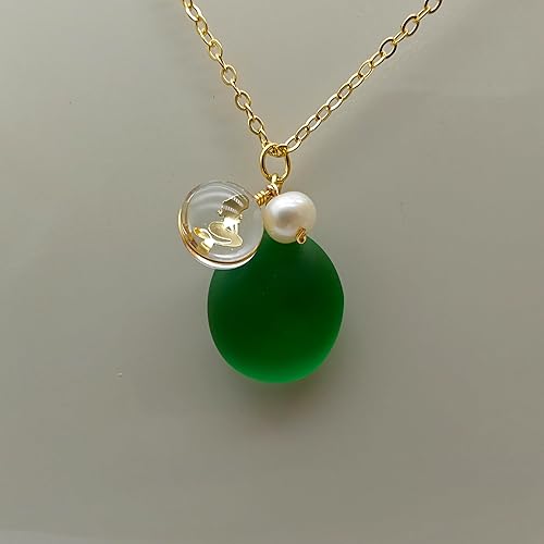 Miniatura 5 de Sea Glass Oval Pendant Necklace on 26 Inch 18K Gold Plated Chain (Green)