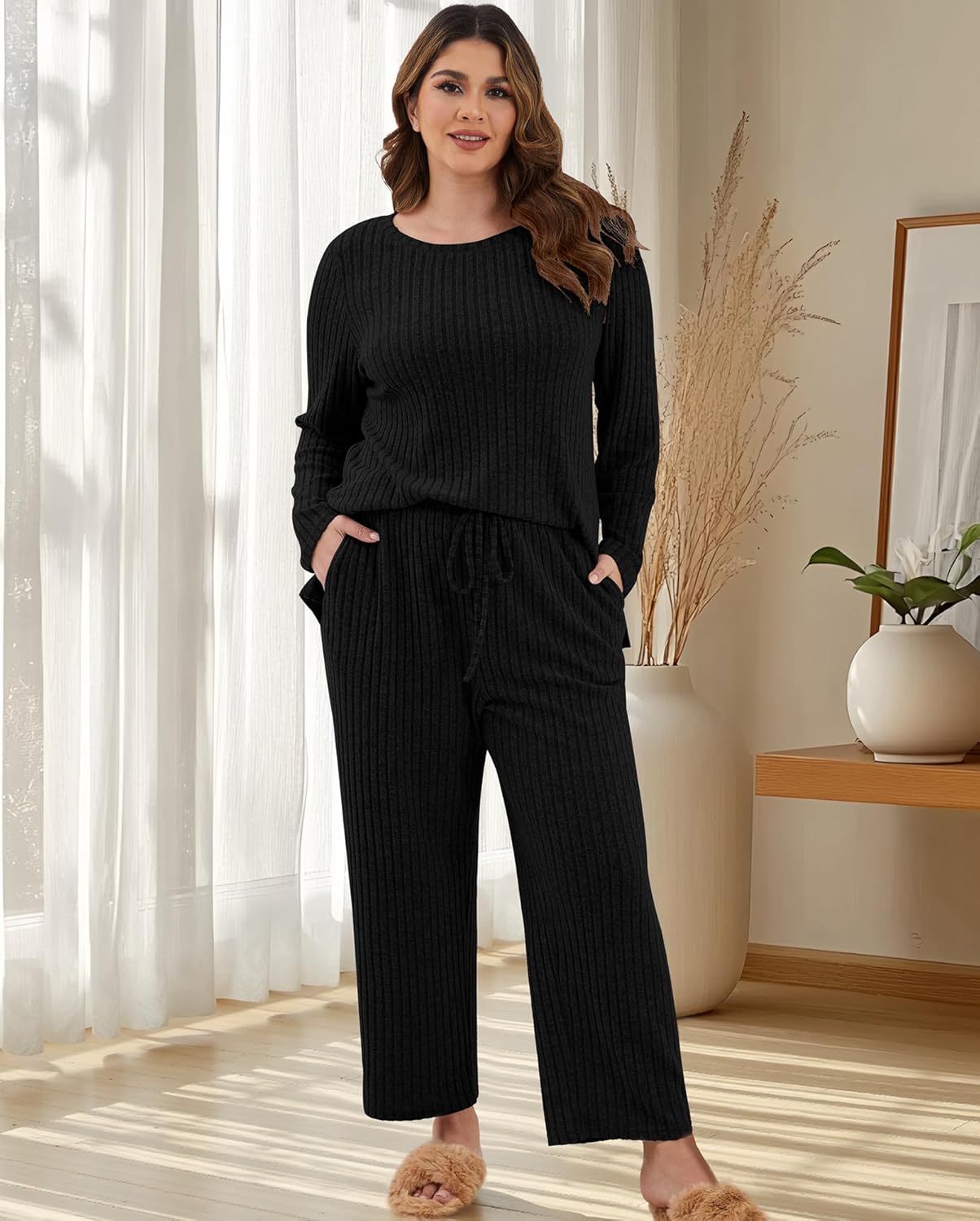 Womens Plus Size Lounge Pajamas 2 Piece Pj Sets Soft Long Sleeve Ribbed Tops Wide Leg Pants with Pockets - Image 4