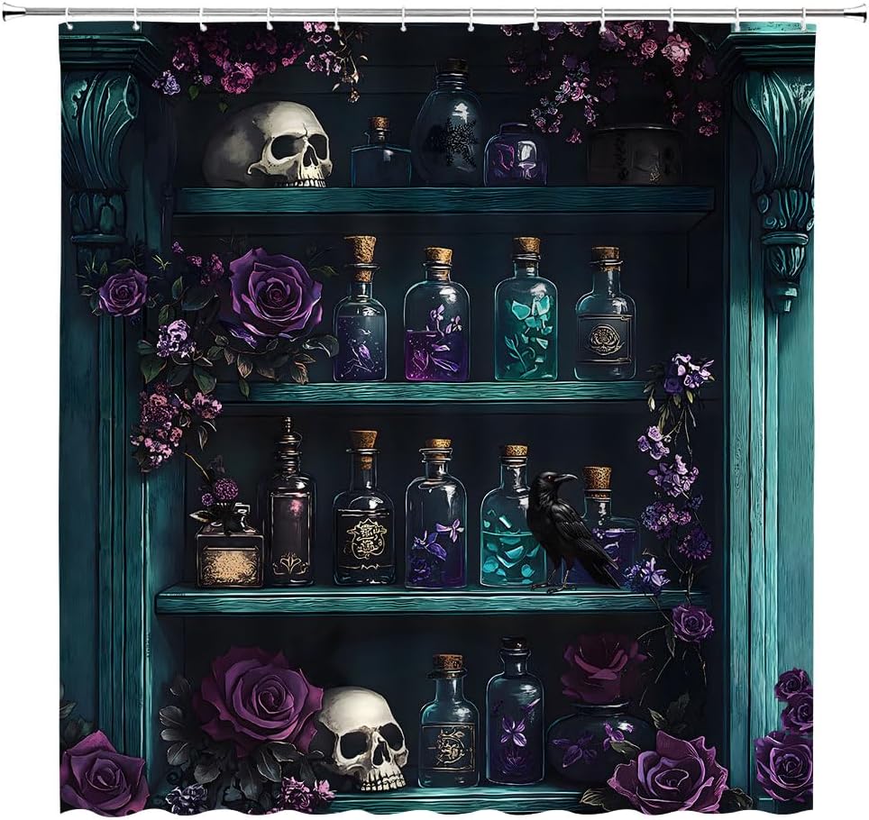 Gothic Bookshelf Shower Curtain Vintage Library Goth Skull Purple Rose Floral Witchcraft Magic Bookrack Halloween Fabric Bathroom Decor Curtains with Hooks,70 x 82