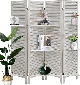 4 Panel Room Divider with Shelves, White Folding Privacy Screen for Home Office