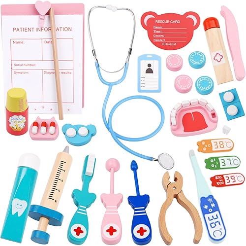 Wooden Doctor Kit for Kids, Pretend Play Dentist Medical Toys Set, Kit with Stethoscope, Doctor Set Toy for Toddler Boys Girls Ages 3+