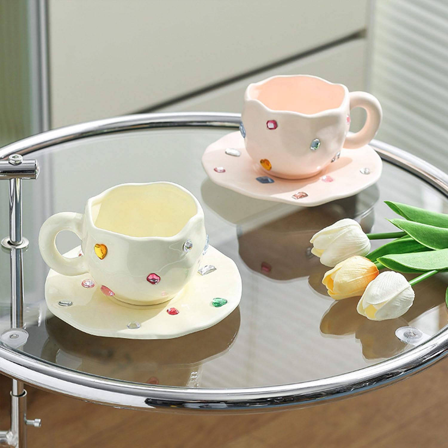 Tazza da caffè, tazza da caffè in ceramica con set di piattini, tazza da caffè creativa con pietre preziose, tazza da caffè irregolare for casa e ufficio, perfetta for latte, tè e latte(Black)