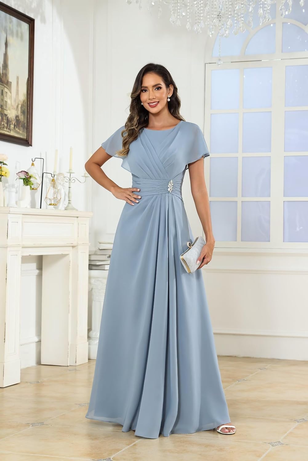 Mother of Bride Dresses for Women 2026 Scoop Neck Beaded Pleated Chiffon Classy Wedding Guest Gown with Sleeves