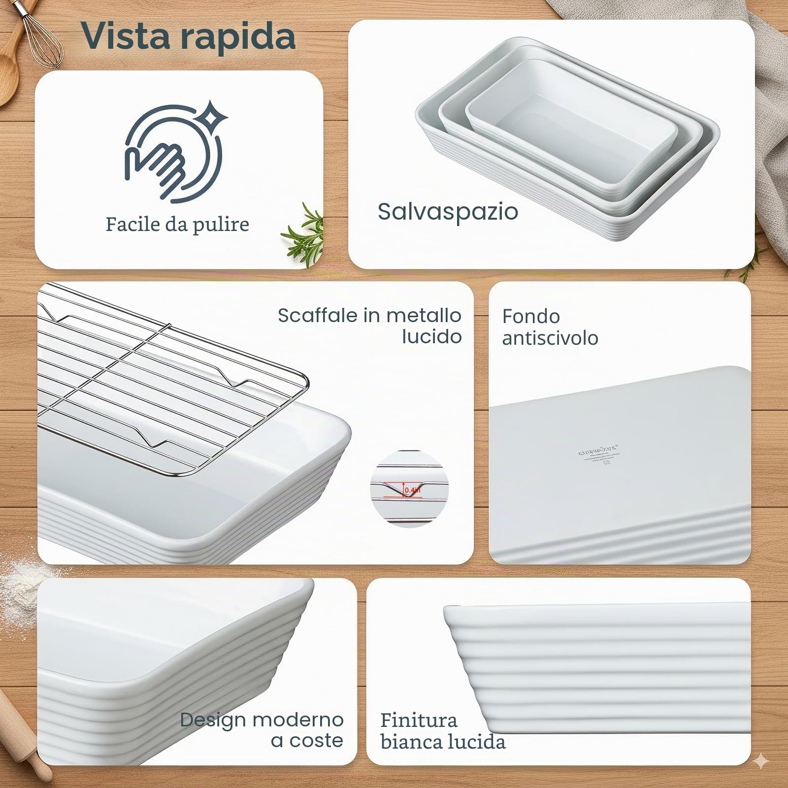 ONEMORE Set di 3 Pirofile in Ceramica con Griglia | Teglie Rettangolari per Forno | Ideali per Lasagne, Tiramisù, Sformati e Gratinati | 3 Dimensioni: 2,8L, 2L, 1,2L