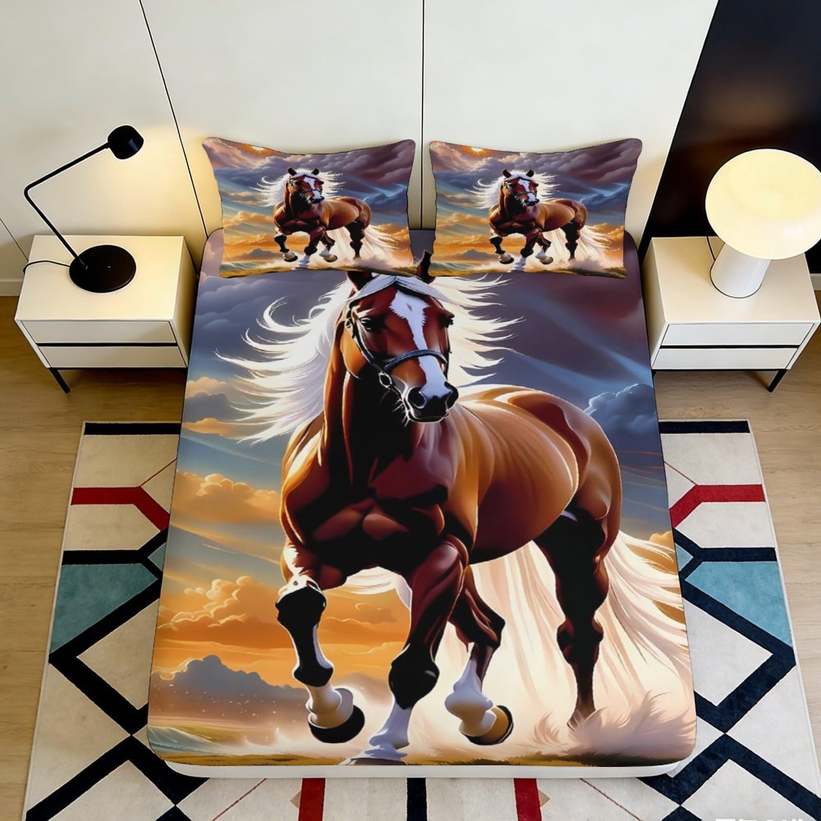 Pnayamiorkfel Style-1 3D Printed Running Horse Fitted Sheet Microfiber Breathable Wild Sunset Bed Cover For Bedroom Dorm Decor 90X200x25cm