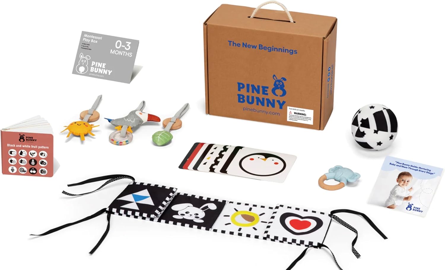 Pine Bunny Montessori 9-in-1 Newborn Sensory Toy Set for 0+ Months Plush Bed Wrap Vision Ball, Black & White Cards Mirror Bed Surround Elephant Teether Educational Learning Tummy Time Development Toys