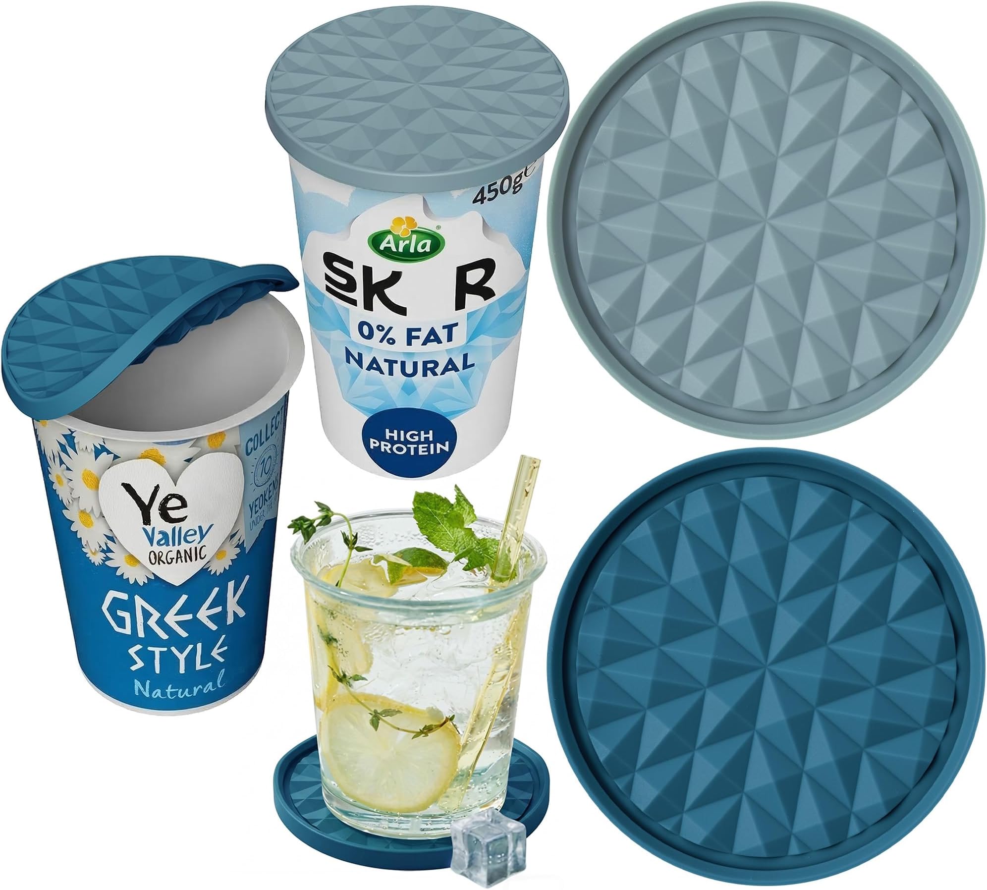 Yoghurt Pot Lids ONLY Fit 9.5cm Diameter Pots(2 pcs, Dark blue & Light blue) Reusable Silicone Large Tops, Reversible to Coaster, for 9.5cm Yogurt, Cream Pots
