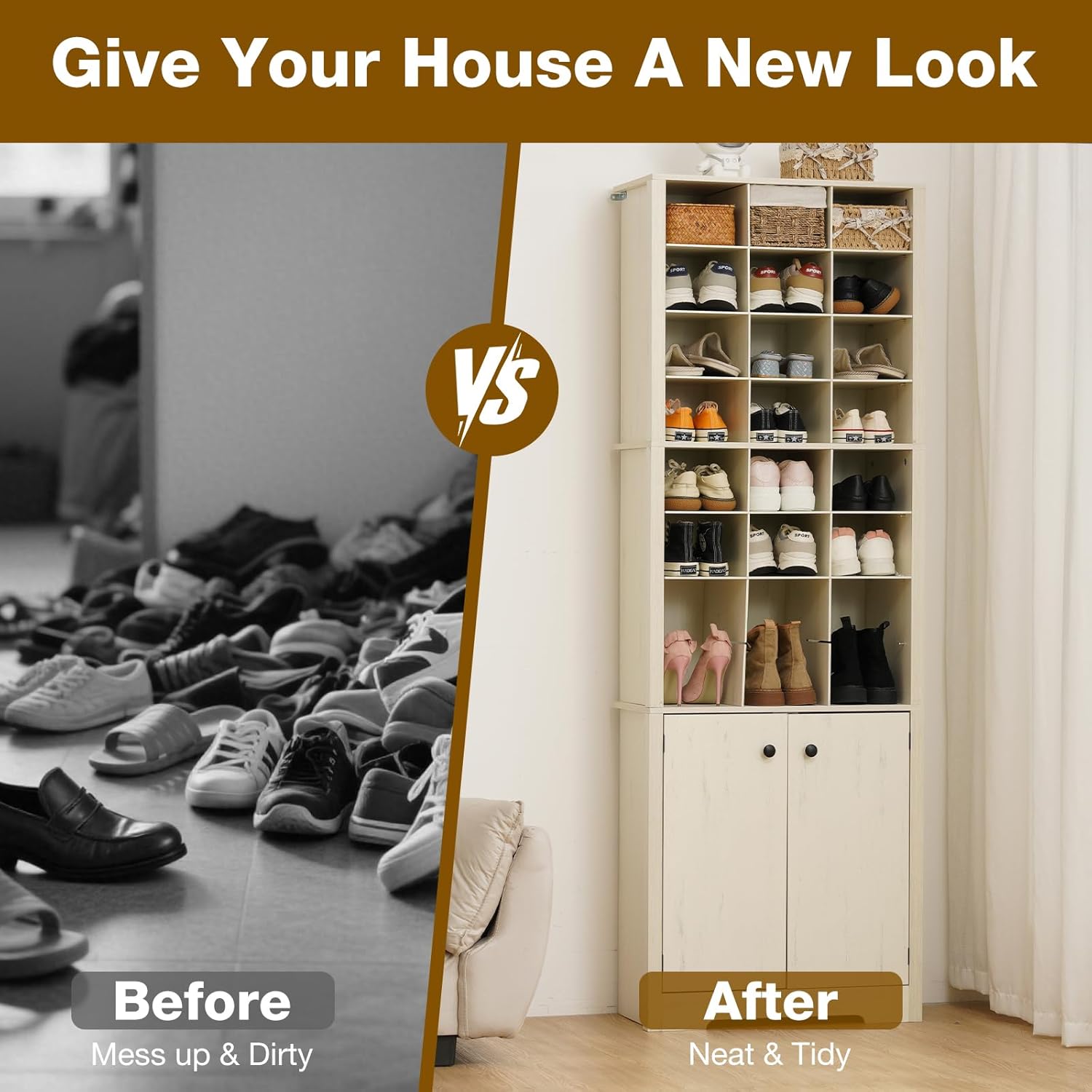 HOMMPA 72'' Beige Tall Shoe Cabinet, Freestanding Tall Shoe Rack with Bottom Cabinet, 8-Tier 24 Cubbies Wooden Shoe Storage Organizer with Adjustable Shelves for Entryway, 13" D x 24" W x 72" H