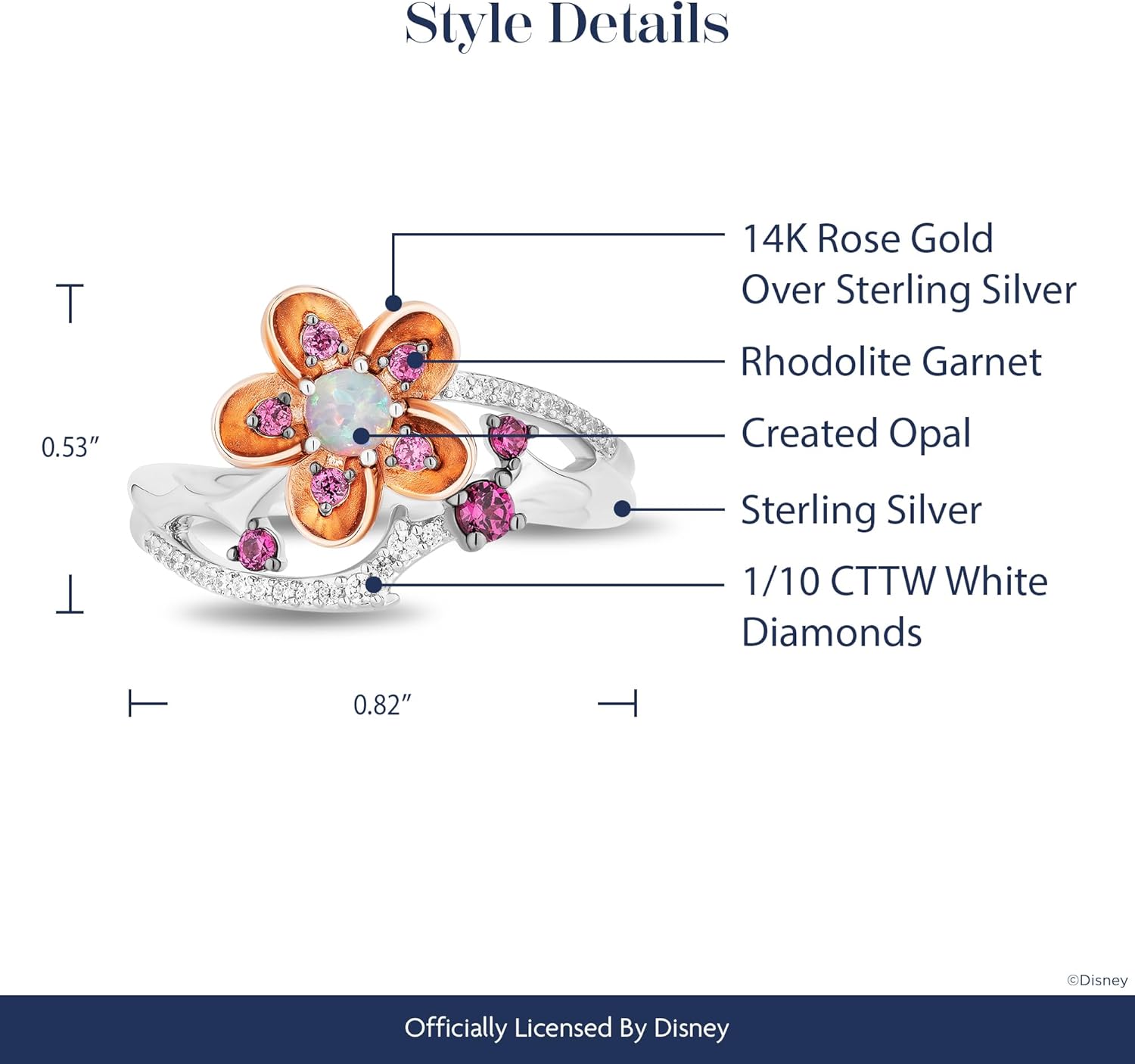 Jewelili Enchanted Disney Fine Jewelry 14K Rose Gold over Sterling Silver with 1/20 Cttw Diamond with Created Opal Mulan Ring