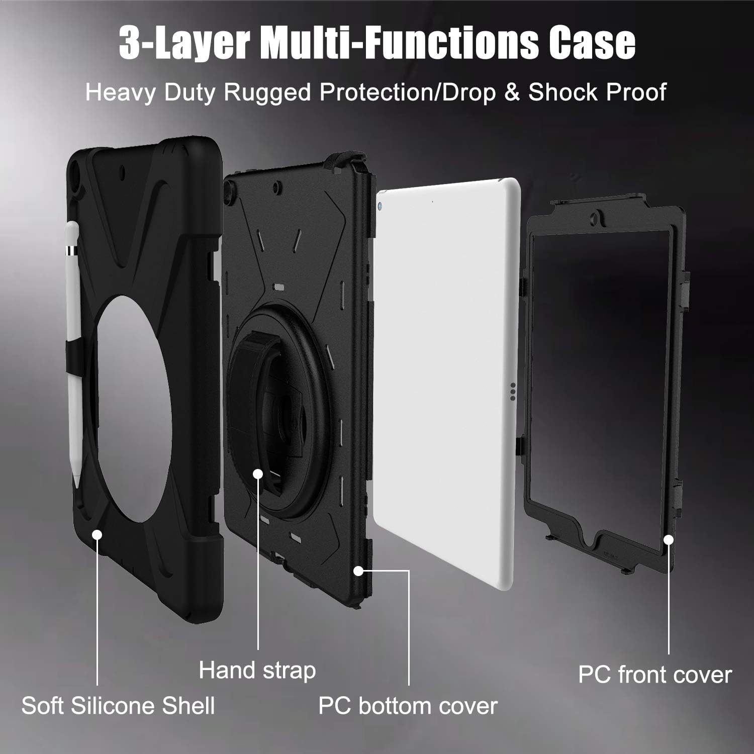 Azzsy iPad 8th/7th Generation Case,iPad 10.2 2020/2019 Case,[360 Degree Swivel Stand/Hand Strap] Slim Heavy Duty Shockproof Rugged Protective Case for iPad 10.2 inch 2020/2019,Black