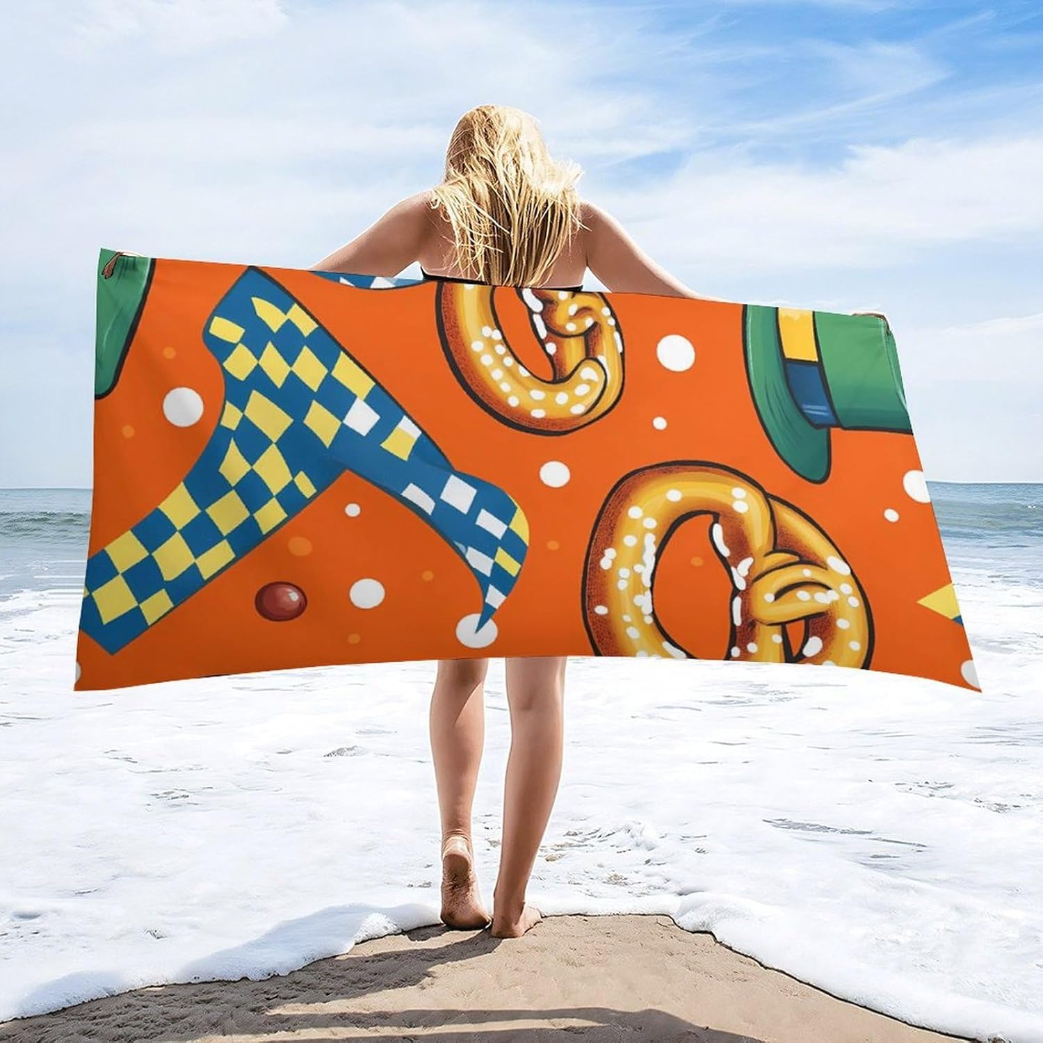 Pretzels Sausage Checkered St Patricks Beach Towels Oversized Jumbo Large Yoga Bath Towel for Pool Yoga Swim Body 160x80cm