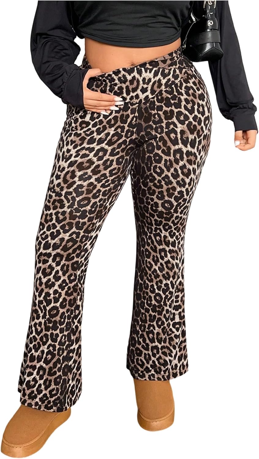 Floerns Women's Plus Size Y2K Leopard Print Pants High Waist Leggings Tummy Control Flare Yoga Pants