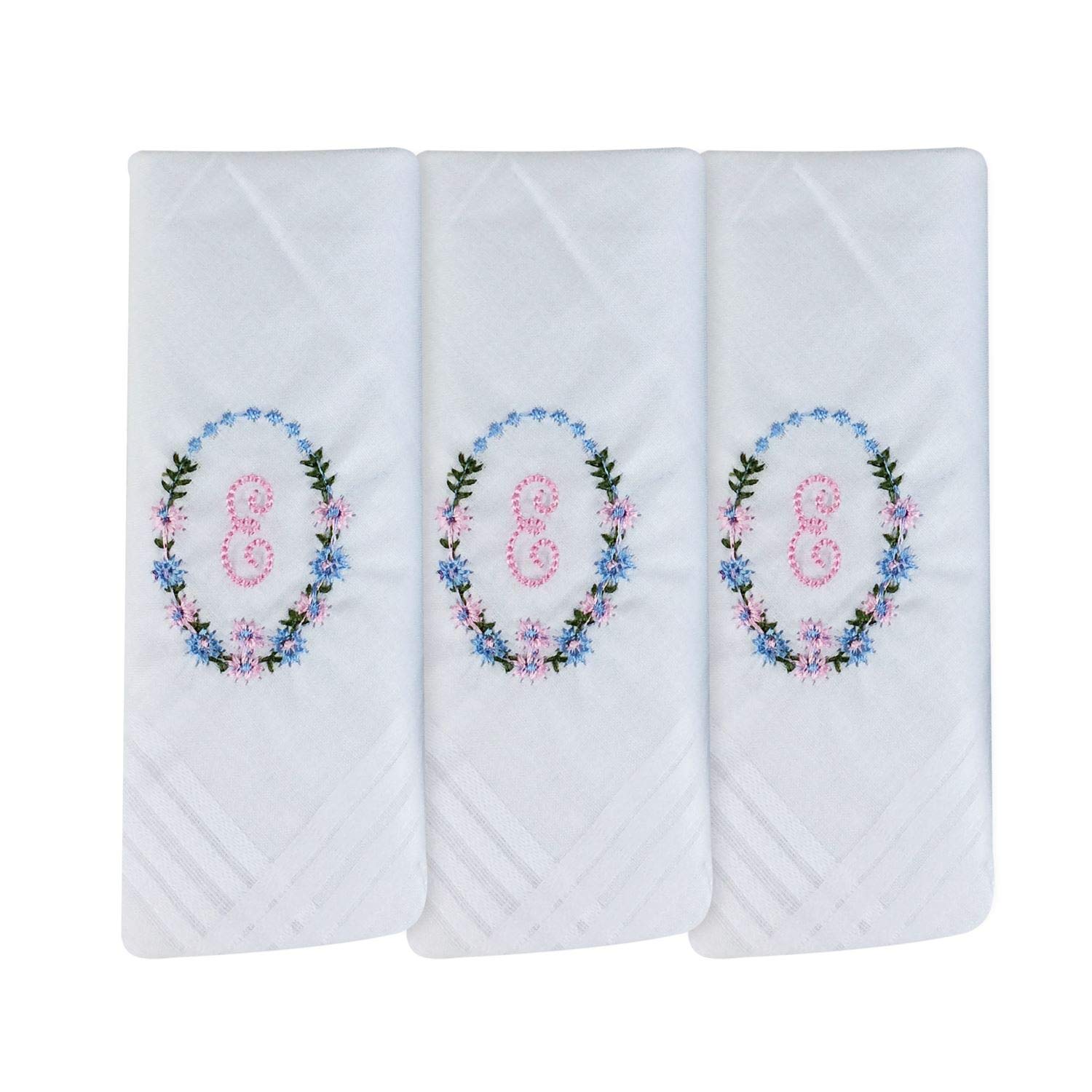 Surf the Shop 3 Pack Of Womens/Ladies Embroidered Initial Handkerchiefs With White Satin Border Various Initials (E)