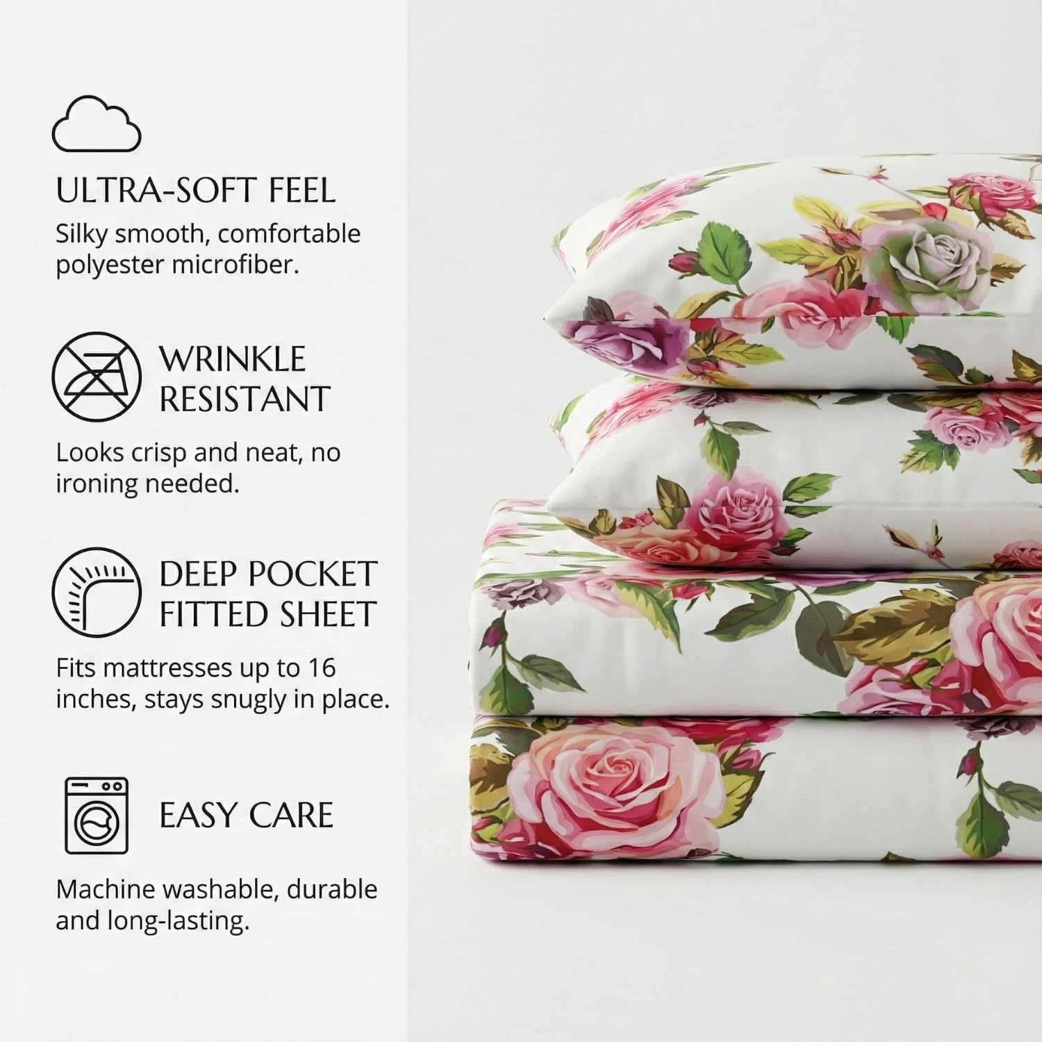 DaDa Bedding Romantic Roses Floral Fitted & Flat Sheet Set w/ 2 Pillow Cases - Lovely Spring Pink Colorful Bright Vibrant - Full Size - 4-Pieces Set