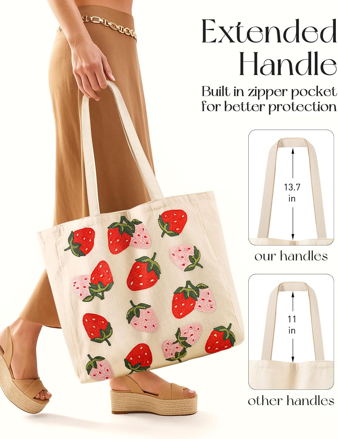 Embroidery Tote Bag with Pocket & Buckle - Reusable Canvas Tote for Women Cute Aesthetic Work Shopping Grocery Bag - Image 4