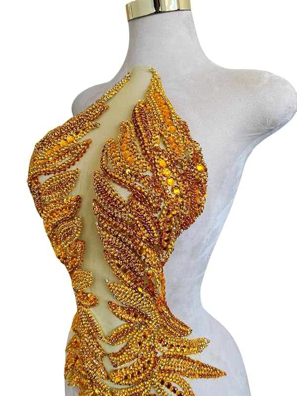 Akiko.CC Pure Handmade Bodice lace Applique Hand Sewing Beaded Sequins Trim Patches for Dress Clothes Skirts Multiple Design Styles Accessories 14X24inches (Gold) by Akiko.CC - Image 2