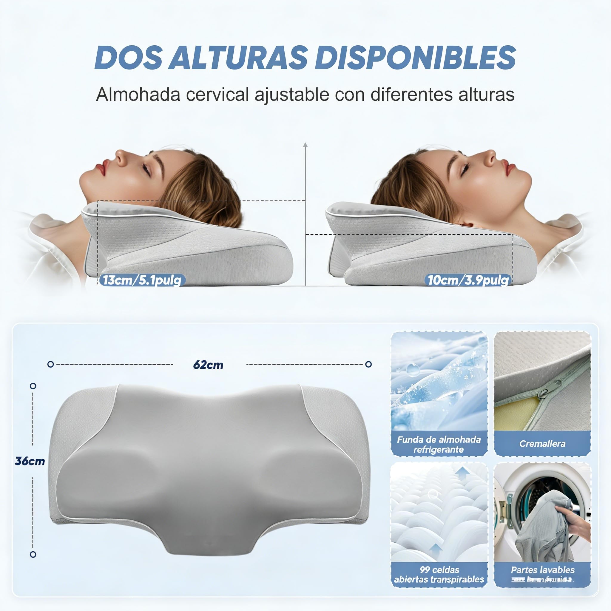 CloudNook Almohada Cervicales y Cuello Viscoelástica - Almohada Ergonómica y Ortopédica de Espuma con Memoria para Aliviar el Dolor, Ideal para Dormir de Lado o Boca Arriba, Funda Transpirable Lavable — view 5