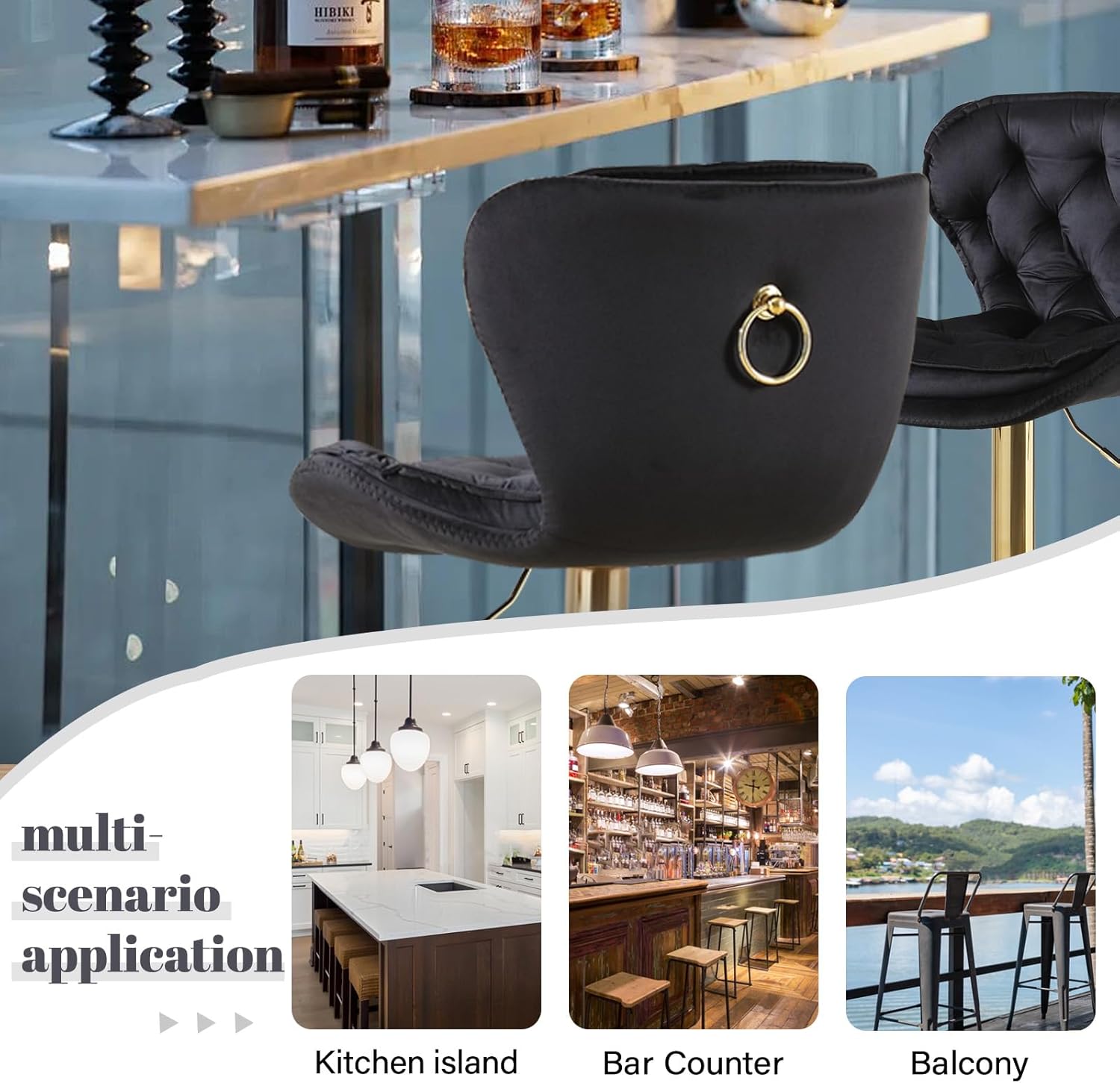 Velvet Tufted Bar Stools, Modern Height Adjustable Swivel Barstools, 360 Degree Counter Chairs with Back & Gold Metal Base for Pub, Kitchen, Cafe (Set of 2, Black)