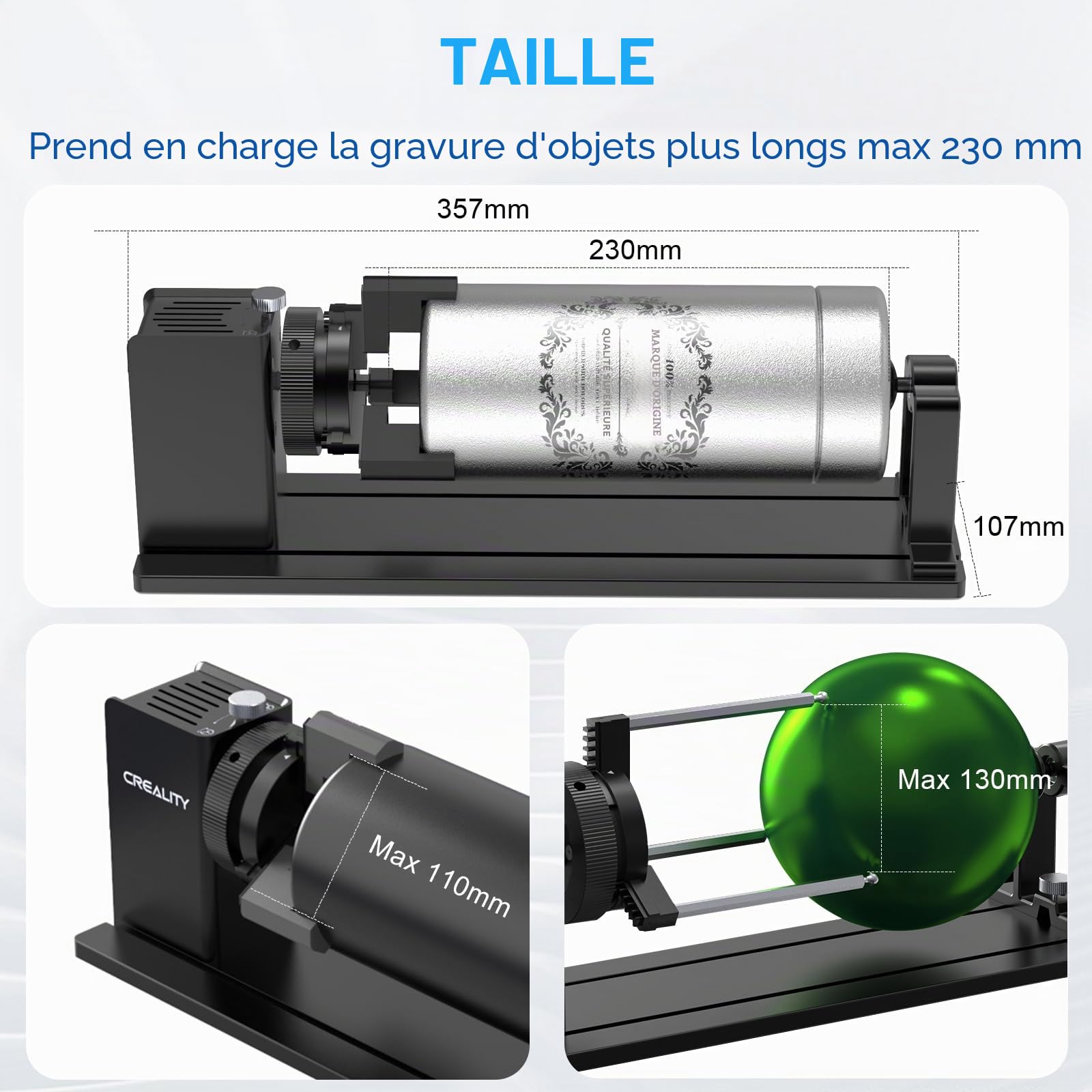 Creality Galet rotatif laser, mandrin rotatif sur axe Y pour graveur Falcon, kit rotatif Pro avec mâchoire 3 en 1 et module adapté pour la gravure d'objets cylindriques, verres à vin, gobelets, bagues