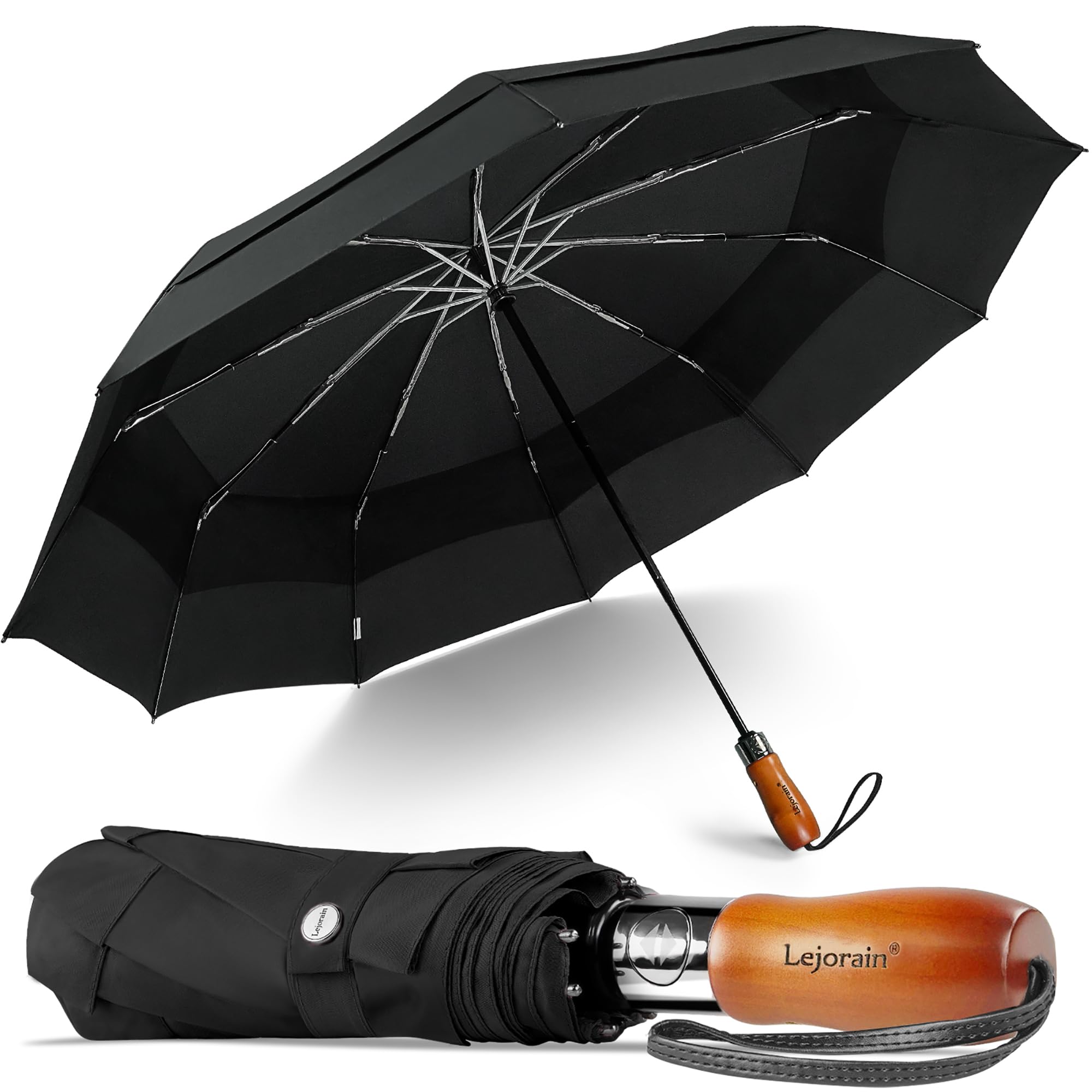 Lejorain 54inch Large Folding Golf Umbrella - 10 Ribs Windproof Vented Double Canopy Auto Open&Close Aluminum Lightweight Umbrella with Wooden Handle for Men’s