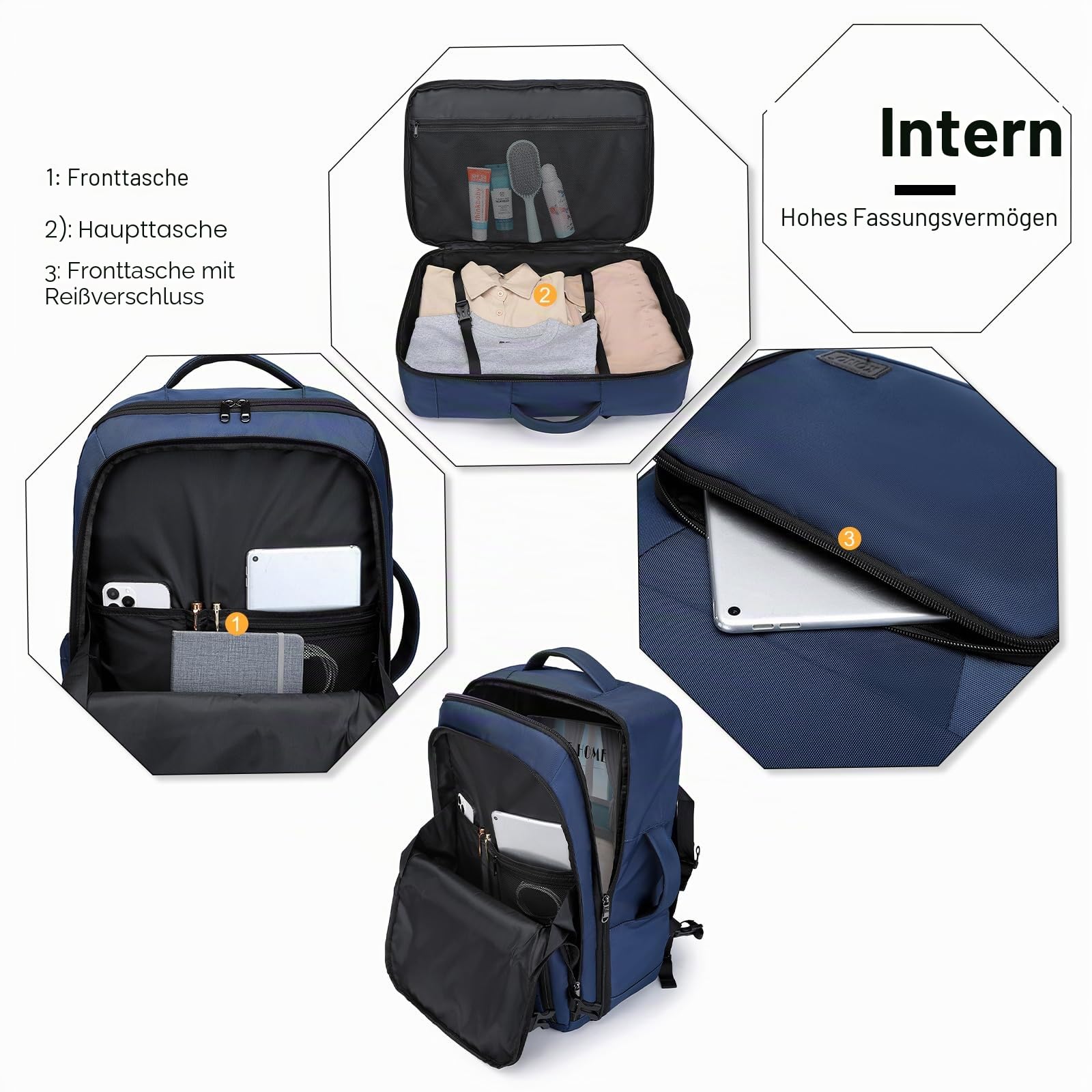 KONO Reiserucksack Handgepäck Flugzeug Groß Rucksack Wasserdicht für Reise Geschäftsreise Weekender (55 x 35 x 20 cm 38L) Navy | 55x35x20cm, 1.11kg, wasserdichtes Polyester, versteckte Schultergurte, ideal für Geschäftsreisen und Wochenendtrips
