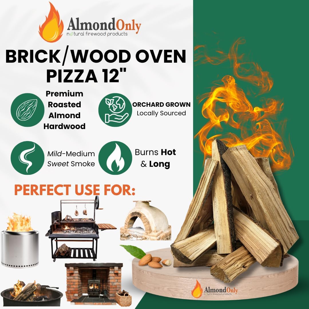 Almond Wood 12" Pizza Oven Wood - 100% Roasted Almond Hardwood Logs for Brick and Fire Pizza Oven, BBQ Grills, Smokers - Longer and Hotter Burn - Ideal for Solo XL Stoves, and More (18 lbs)
