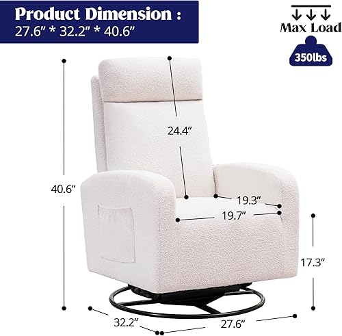 Miniatura 2 de HOMYKA Silla mecedora giratoria para guardería, mecedora de peluche para mamá y bebé con bolsillo lateral y respaldo alto para sala de estar,