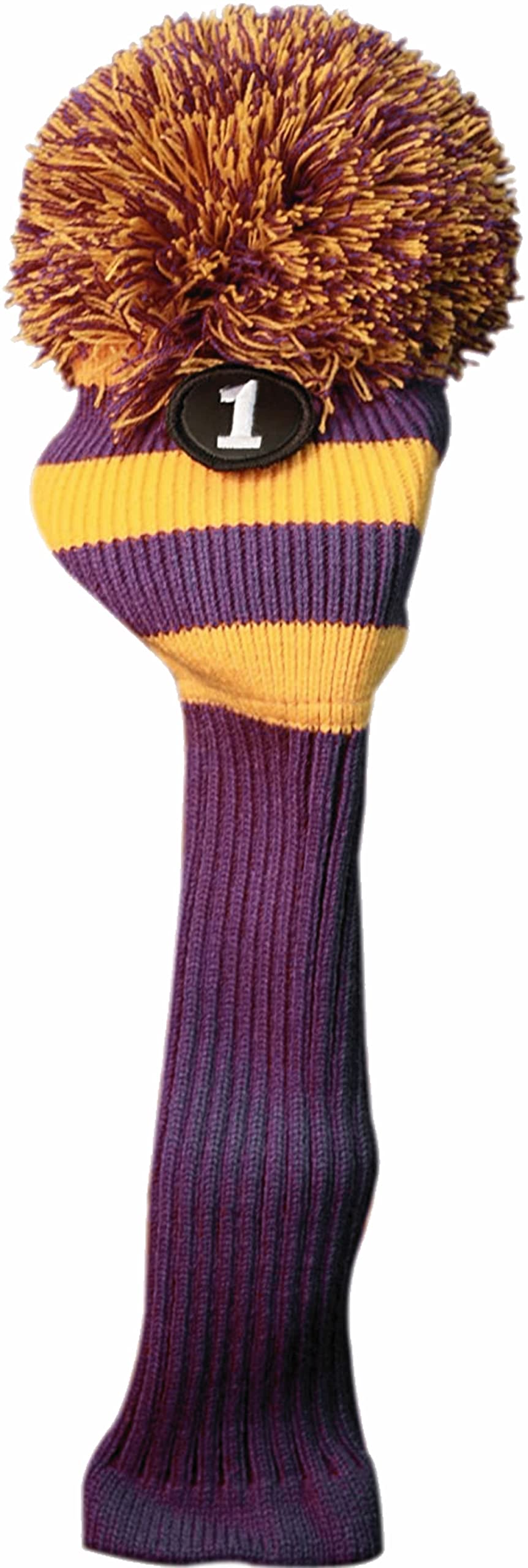Majek #1 460cc Driver Purple & Yellow Golf Headcover Knit Pom Pom Retro Classic Vintage Head Cover