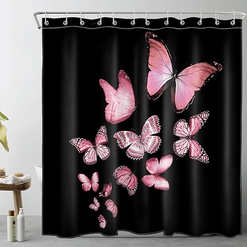 LB Vintage Butterfly Shower Curtain Decor, Modern Aesthetic Art Pink Butterfly on Black Shower Curtain for Bathroom 72X72 inch Polyester Fabric