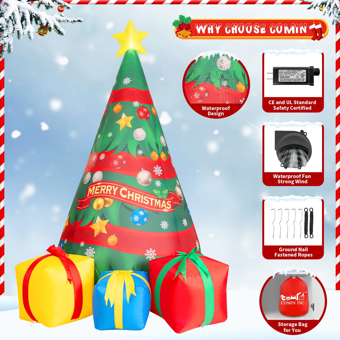 Comin Bonhomme de Neige Gonflable de Noël avec Une boîte, décoration de Cour Gonflable avec lumières LED intégrées pour Les Vacances, Les fêtes, Noël, la Cour, Le Jardin