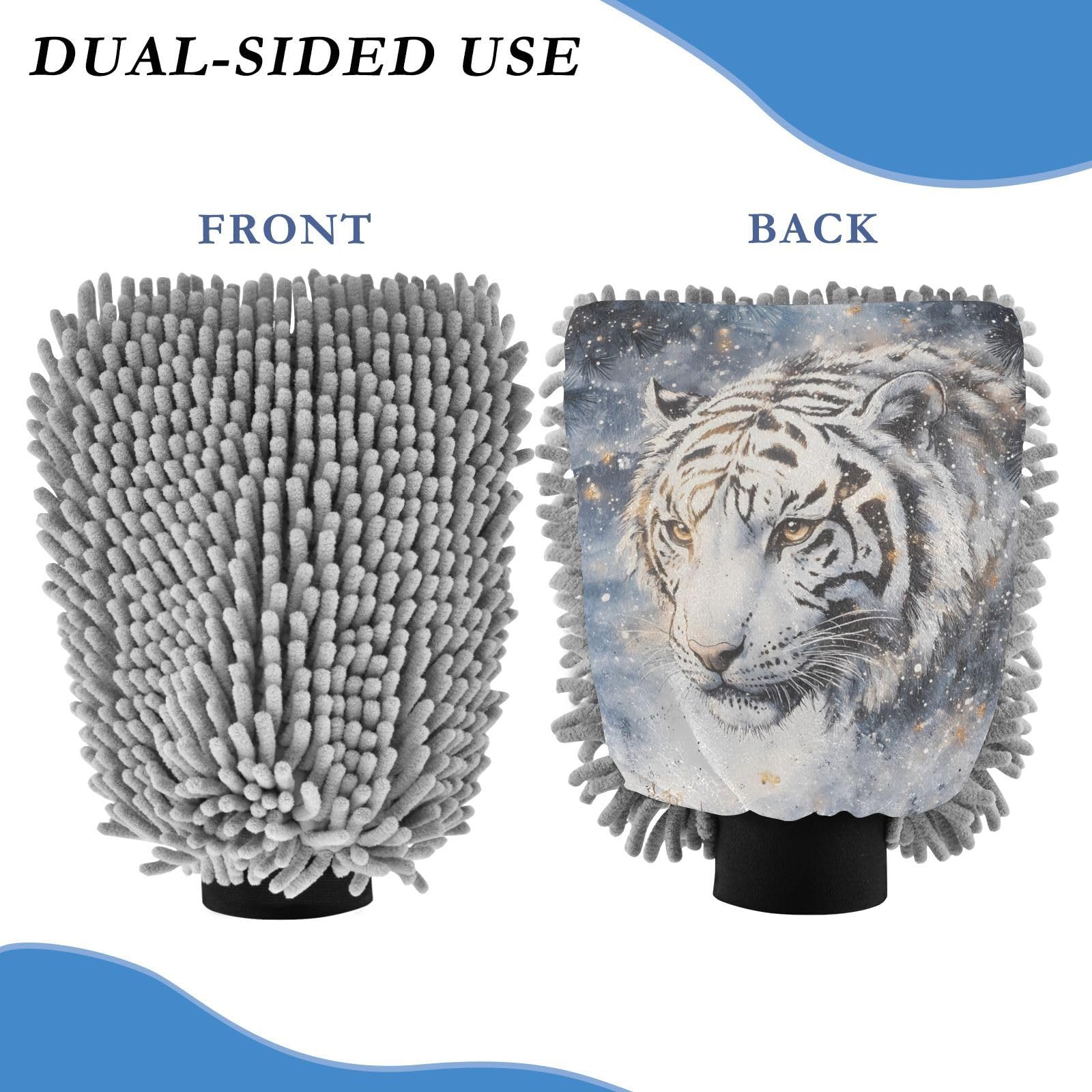 ALAZA White Tiger Car Wash Mitt Scratch Free, 2 Pack Absorbent Microfiber/Chenille Washing & Drying Mitts, L