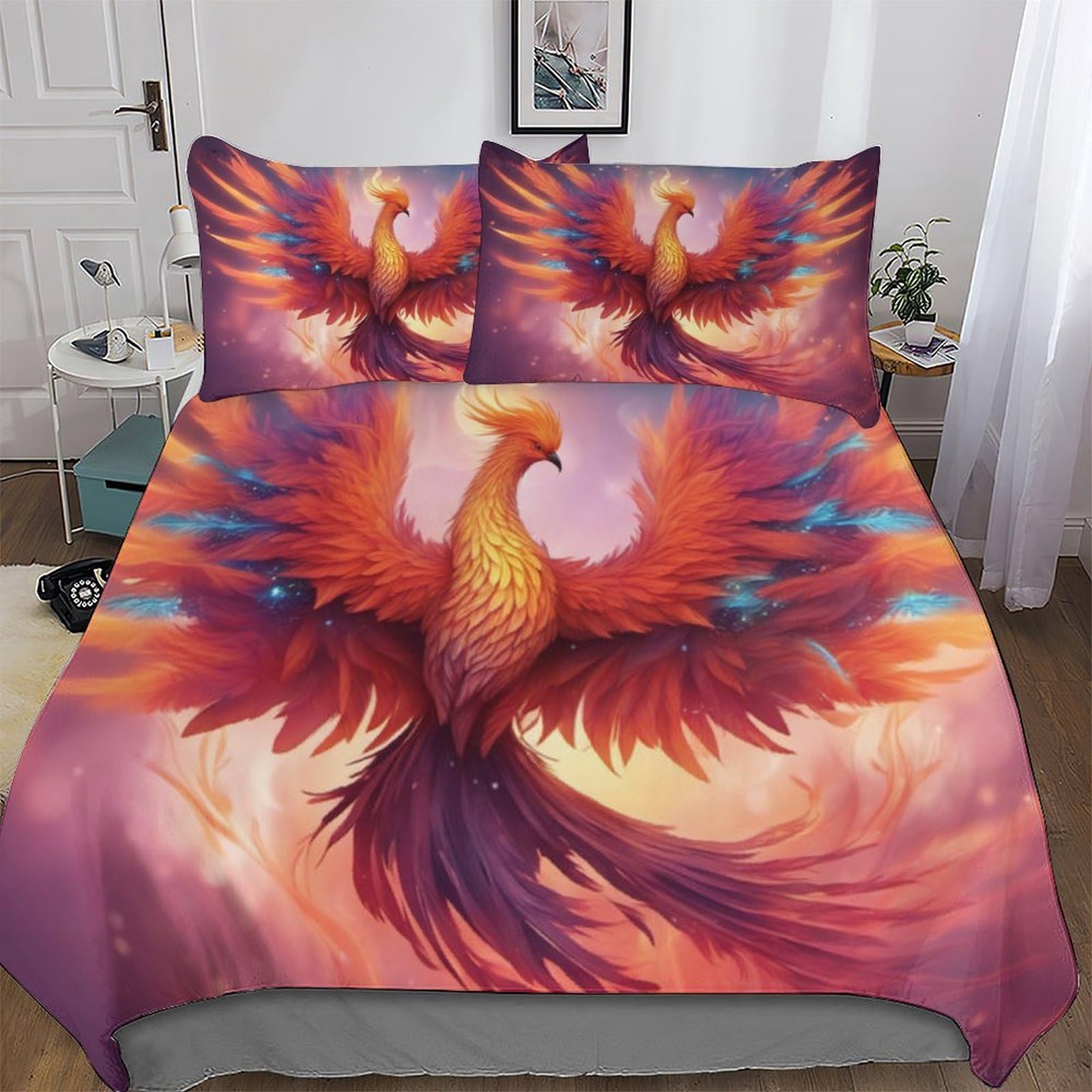 Phoenix Comforter Cover 3D Print Bedding Set Decorative Duvet Cover Bedspread Cover with Pillowcase Soft Microfiber Zipper Quilt Cover for Kids, Youth And Adult Single (135x200cm)